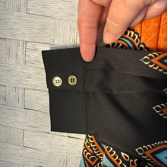 Bob Mackie women’s blouse orange black zipper collar bold print Bohemian satin￼ - Picture 8 of 11